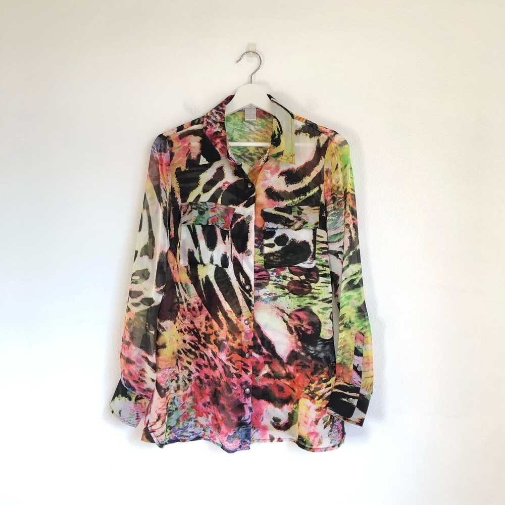 Alberto Makali Colorful Animal Print Semi-Sheer Button Up Blouse Top Size Medium